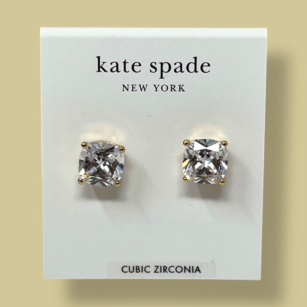 Kate Spade Mini Square CZ Stud Earrings Clear Crystal Gold Tone New